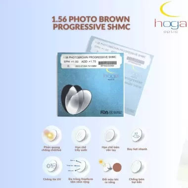 Tròng Kính HOGA 1.56 Progressive Photo Brown SHMC – Đa Tròng Đổi Màu Nâu, Chống Trầy – Chống Chói Cao Cấp