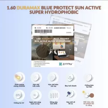Tròng Kính 1.60 DURAMAX Blue Protect Sun Active Super Hydrophobic (Amber Brown) – Đổi Màu Nâu Hổ Phách, Chống Ánh Sáng Xanh Cao Cấp