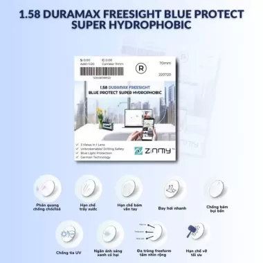 Tròng Kính HOGA 1.58 Duramax Freesight Blue Protect Super Hydrophobic – Chống Ánh Sáng Xanh, Siêu Chống Bám, Bảo Vệ Mắt Toàn Diện