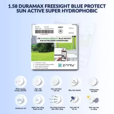 Tròng Kính HOGA 1.58 Duramax Freesight Blue Protect Sun Active Super Hydrophobic – Đổi Màu, Chống Ánh Sáng Xanh, Siêu Chống Bám