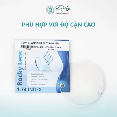 Tròng Kính Rocky 1.74 Asp Blue Cut Siêu Mỏng Chống Ánh Sáng Xanh Shmc
