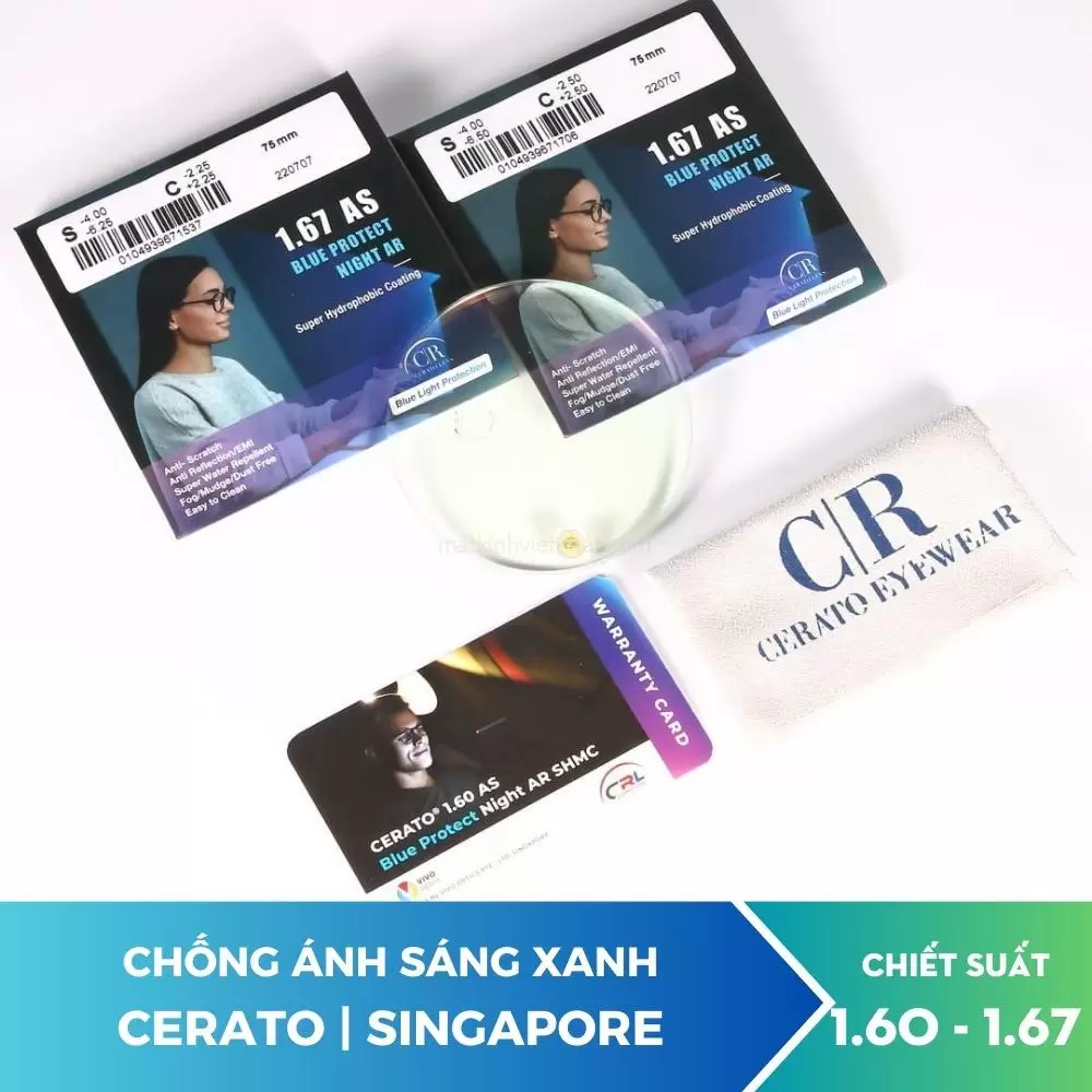 Tròng kính chống ánh sáng xanh Cerato 1.60AS Blue Protect Night Ar