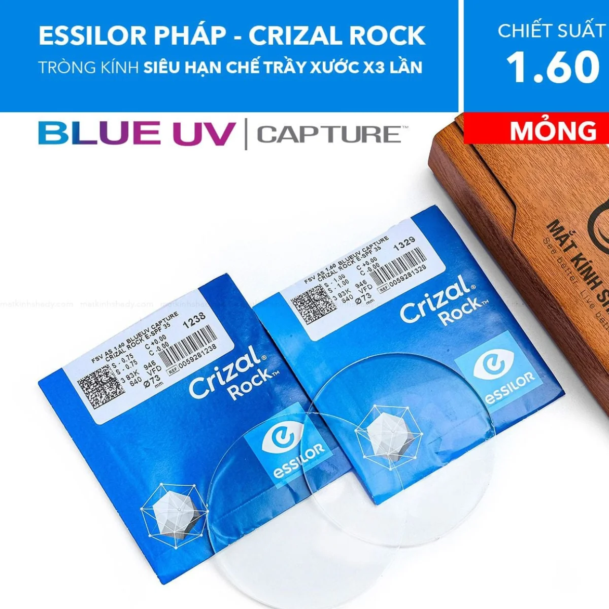 Tròng Kính Mỏng Chống Ánh Sáng Xanh Crizal Rock Blue Uv Essilor 1.60