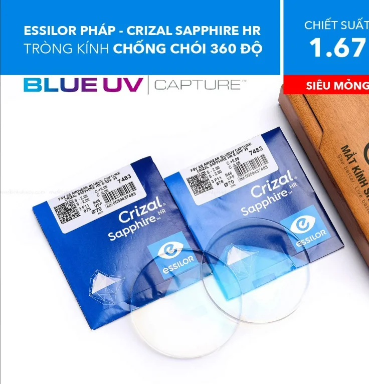 Tròng Kính Siêu Mỏng Chống Ánh Sáng Xanh Crizal Sapphire Hr Blue Uv Essilor 1.67        