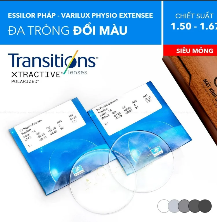 Tròng Kính Đa Tròng Đổi Màu Phân Cực Essilor Varilux Physio Extensee Transitions XTRActive Polarized 1.50/ 1.60/ 1.67