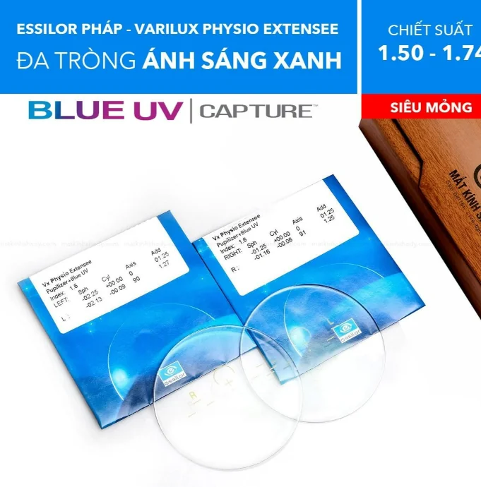 Tròng Kính Đa Tròng Chống Ánh Sáng Xanh Essilor Varilux Physio Extensee Blue UV Capture 1.50/ 1.59/ 1.60/ 1.67/ 1.74