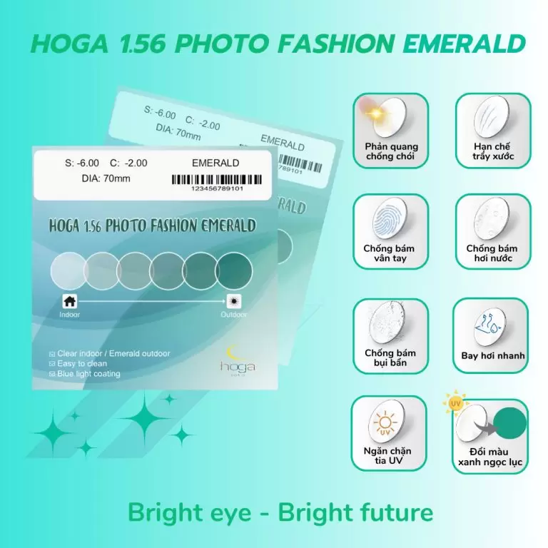 Tròng Kính HOGA 1.56 Photo Fashion Emerald – Đổi Màu Xanh Ngọc Thời Trang, Chống Chói Cao Cấp