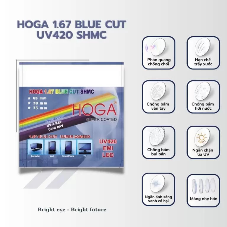 Tròng Kính 1.67 HOGA UV420 SHMC – Mỏng Nhẹ, Chống Ánh Sáng Xanh 420nm, Chống Chói Cao Cấp