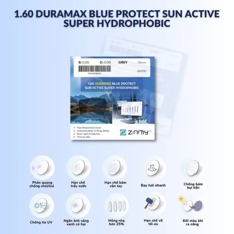 Tròng Kính HOGA 1.60 Duramax Blue Protect Sun Active – Đổi Màu Thông Minh, Chống Ánh Sáng Xanh, Siêu Chống Bám Nước