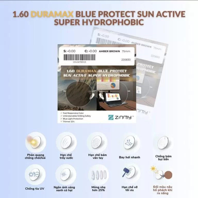 Tròng Kính 1.60 DURAMAX Blue Protect Sun Active Super Hydrophobic (Amber Brown) – Đổi Màu Nâu Hổ Phách, Chống Ánh Sáng Xanh Cao Cấp
