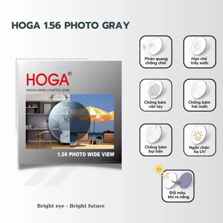 Tròng Kính 1.56 HOGA Photo Grey SHMC – Đổi Màu Xám Thông Minh, Chống Chói Cao Cấp, Bảo Vệ Mắt Tối Ưu