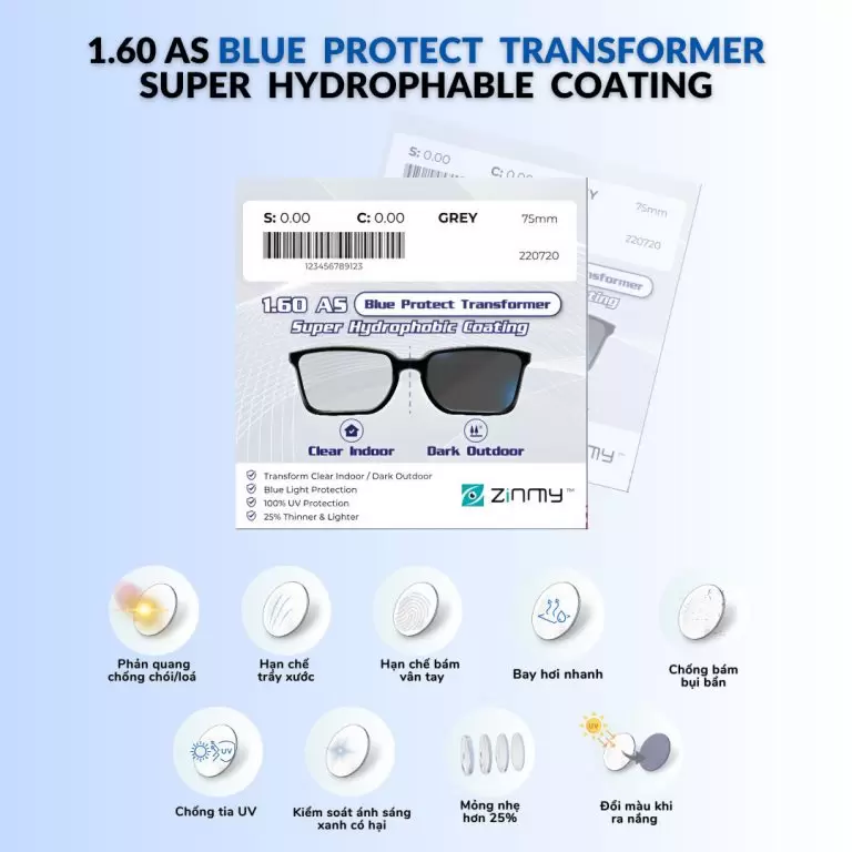  Đơn tròng ZINMY 1.60 AS BLUE PROTECT TRANSFORMER SUPER HYDROPHABLE COATING