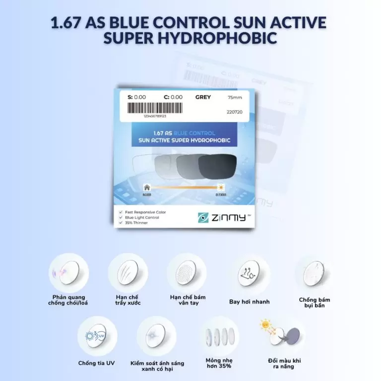  Đơn tròng ZINMY 1.67 AS BLUE CONTROL SUN ACTIVE SUPER HYDROPHOBIC