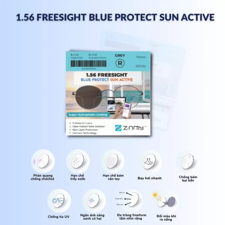  Đa tròng ZINMY 1.56 FREESIGHT BLUE PROTECT SUN ACTIVE