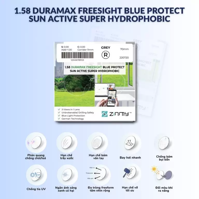  Đa tròng ZINMY 1.58 DURAMAX FREESIGHT BLUE PROTECT SUN ACTIVE SUPER HYDROPHOBIC