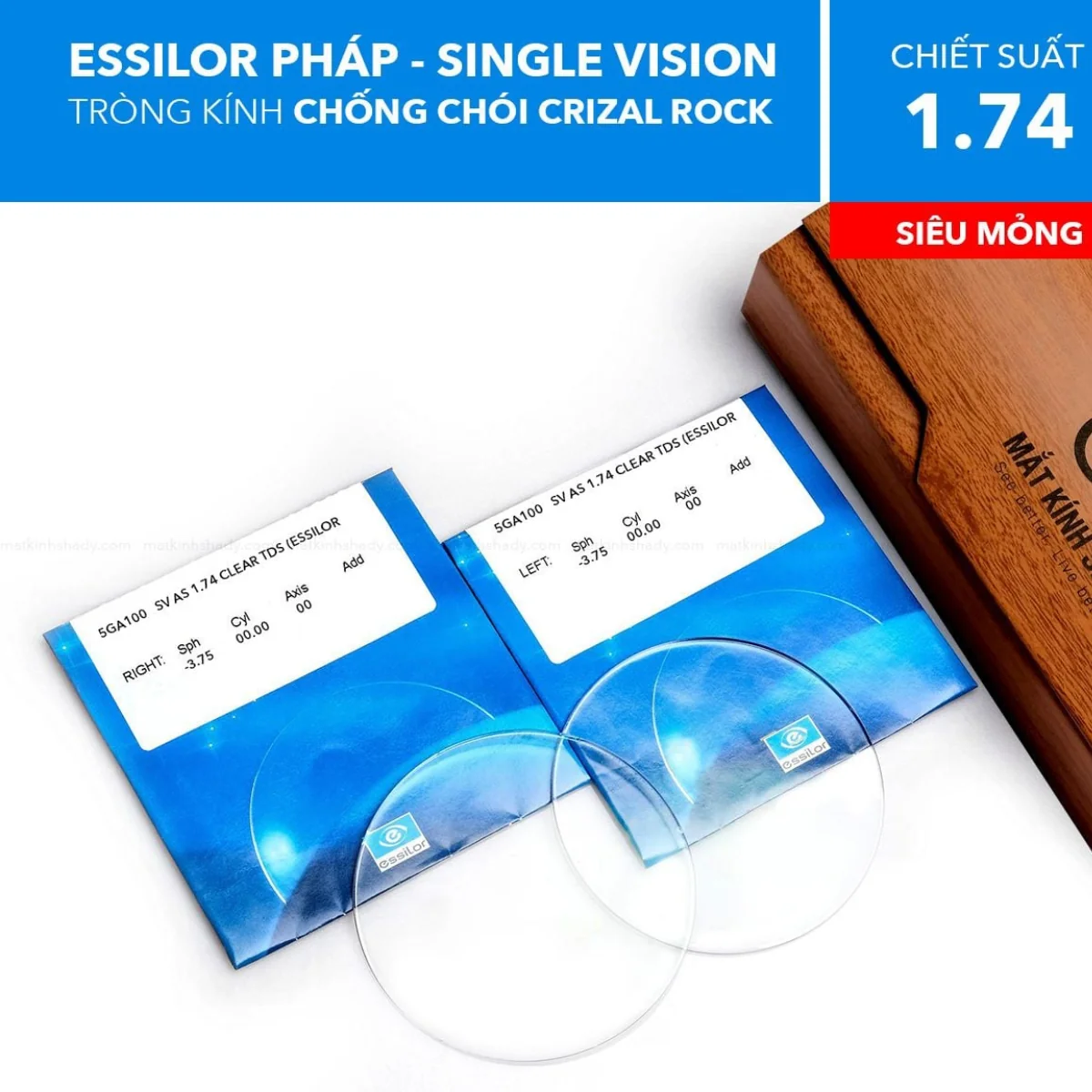 Tròng Kính Siêu Mỏng Single Vision Clear Crizal Rock Essilor 1.74