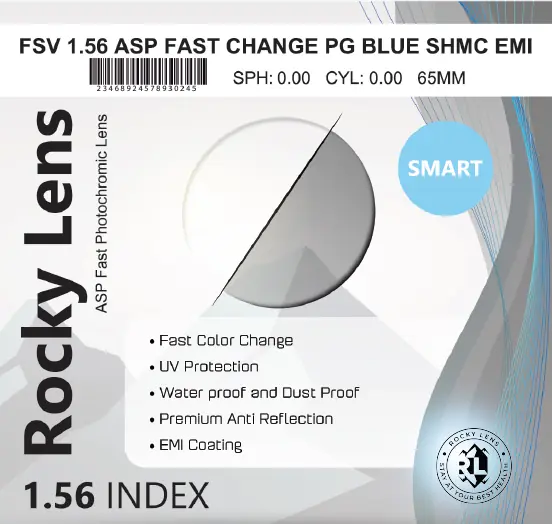 Tròng Kính Đổi Màu Khói Chống Ánh Sáng Xanh Rocky Smart 1.56 Asp Chính Hãng