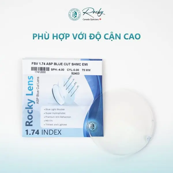 Tròng Kính Rocky 1.74 Asp Blue Cut Siêu Mỏng Chống Ánh Sáng Xanh Shmc