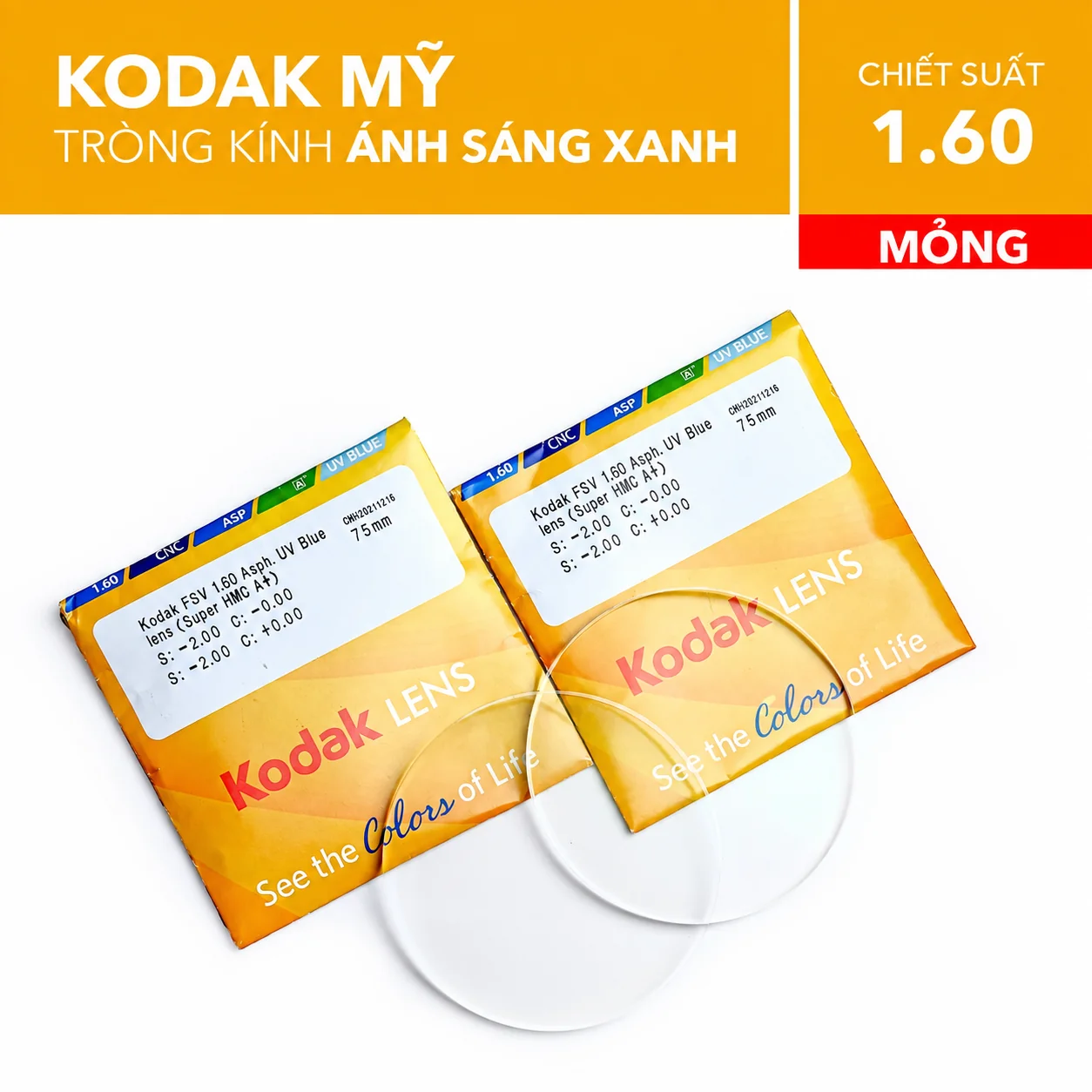 Tròng Kính Mỏng Chống Ánh Sáng Xanh Blue Lens Kodak 1.60