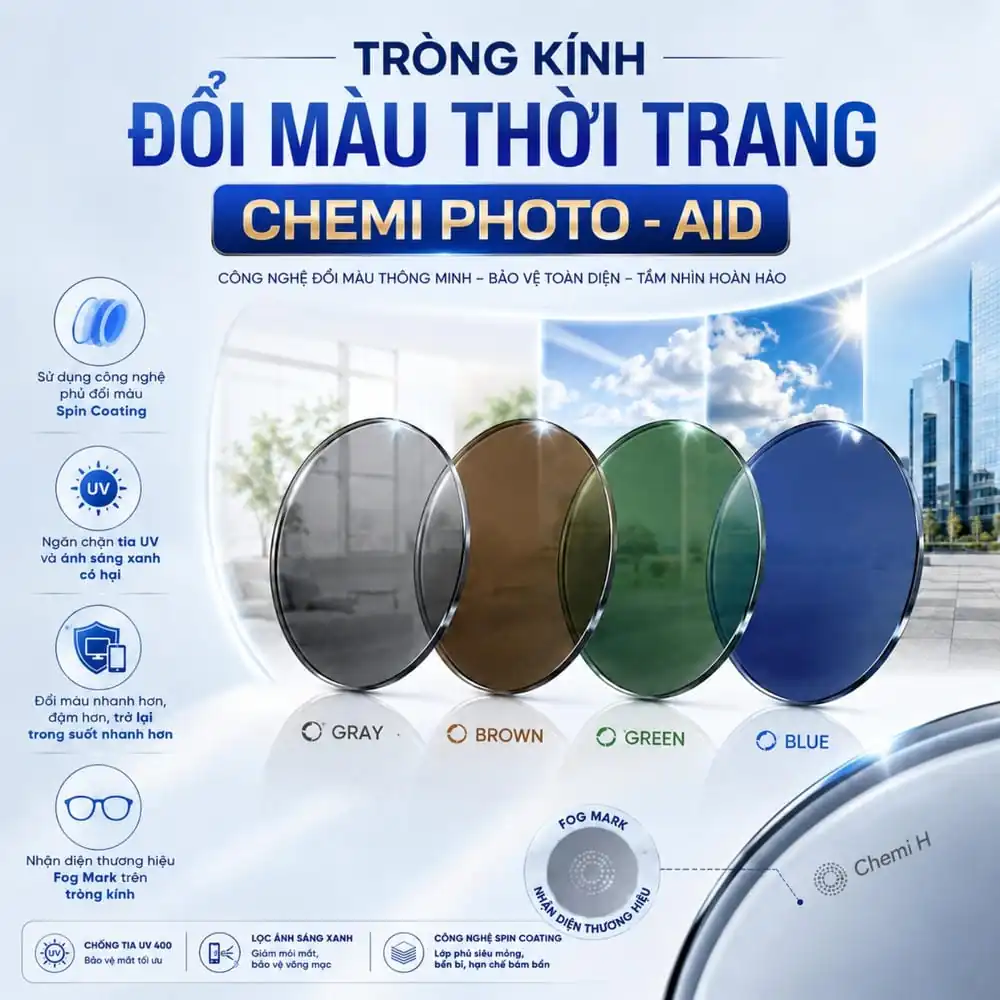 Chemi Photo Aid 1.60 Tròng Kính Đổi Màu Chống Ánh Sáng Xanh – Chính Hãng